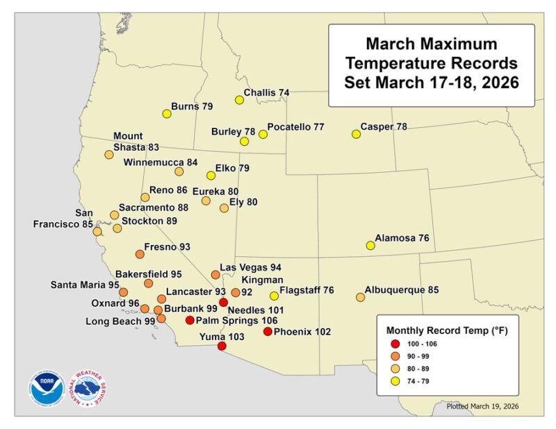 Map of western US with names of cities and colors of dots corresponding to monthly temp record.