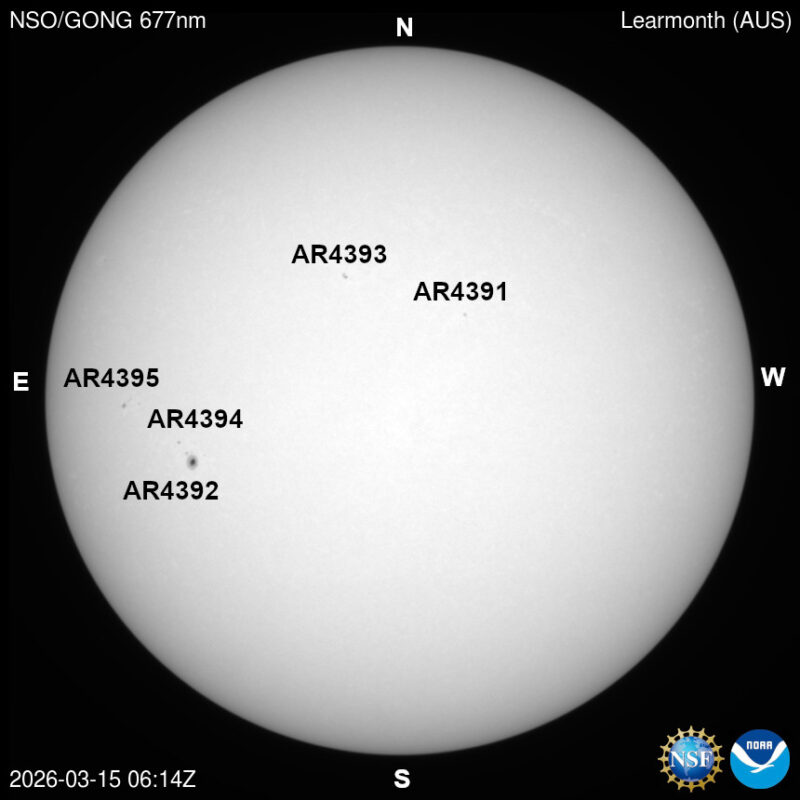 The sun, seen as a large white sphere with dark spots, each labeled.