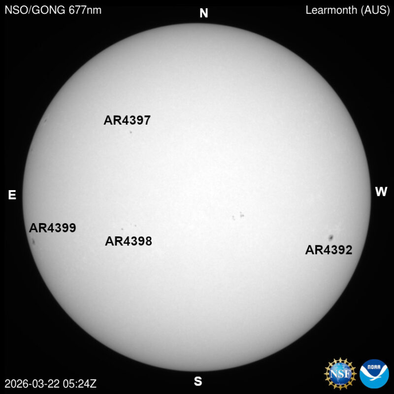 The sun, seen as a large white sphere with dark spots, each labeled.