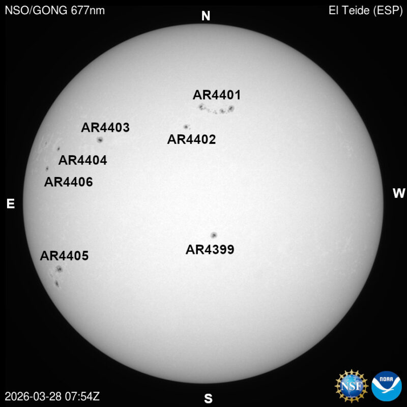 The sun, seen as a large white sphere with dark spots, each labeled.