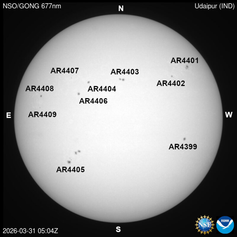 The sun, seen as a large white sphere with dark spots, each labeled.