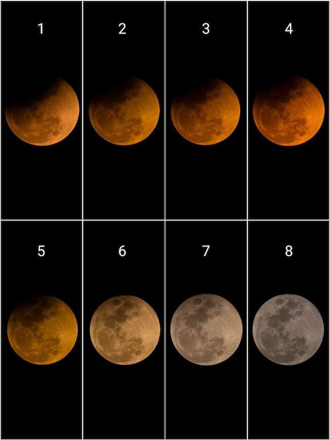 Sequence of eight images of the full moon during a total eclipse.