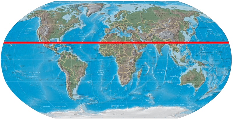 Map of world with a red horizontal line through southern North American, Africa, and southern Asia.