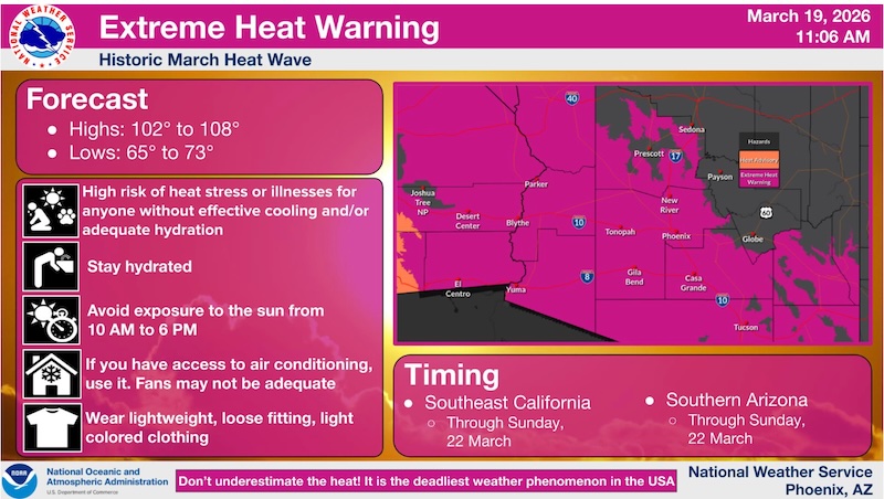 Graphic with text heat advice on left and map of hot areas on right.