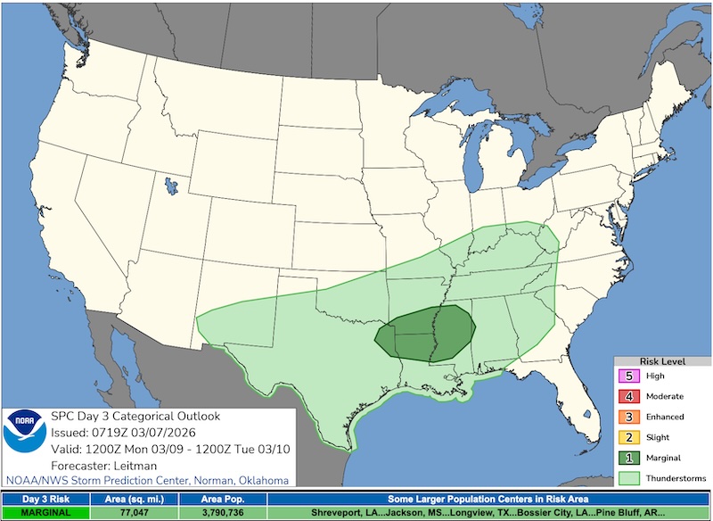 Map of US with large green swath across southern states and darker spot over mid-south.