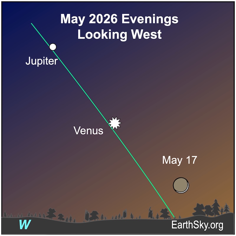 A crescent shape, the moon, sits immediately above a wavy line, the horizon. A large dot, Venus is to its upper left and another dot, Jupiter is farther to the upper left.