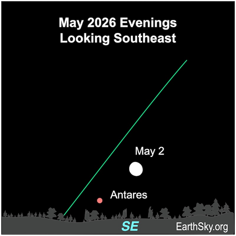 A near disk, the moon, lies immediately above a dot, Antares. They are both above a wavy line, the horizon.