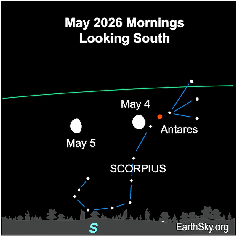 A near disk, the moon, lies immediately next to a dot, Antares. They are both above a wavy line, the horizon.