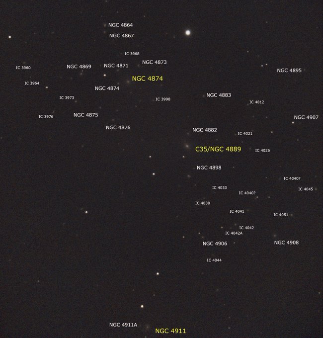 Many fuzzy dots in a dark sky with labels.