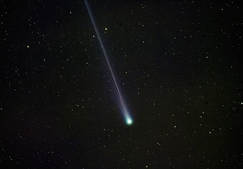 A blue-green roundish comet head with a long skinny tail against black sky with many stars.