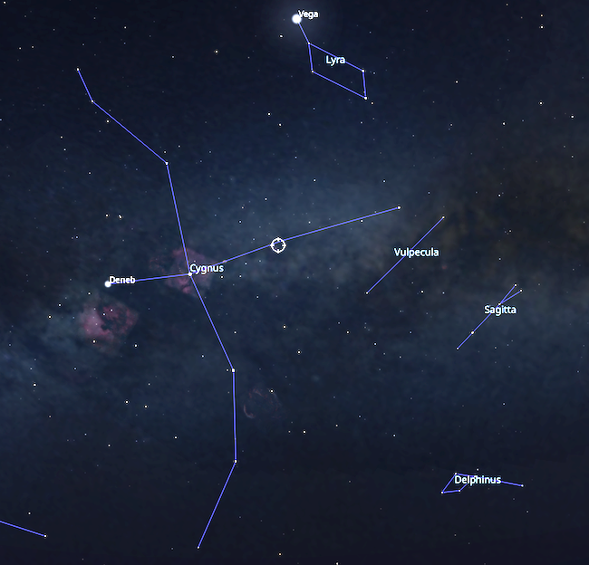 Star chart with swan-shaped constellation. Cygnus X-1 is halfway along the neck of the swan.