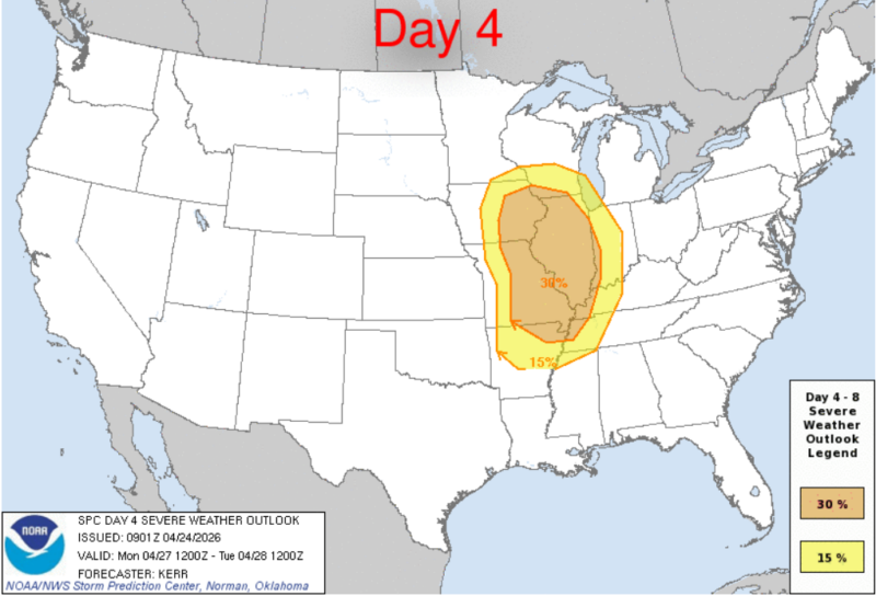 Map of US with orange over central Mississippi River region and yellow circling that.