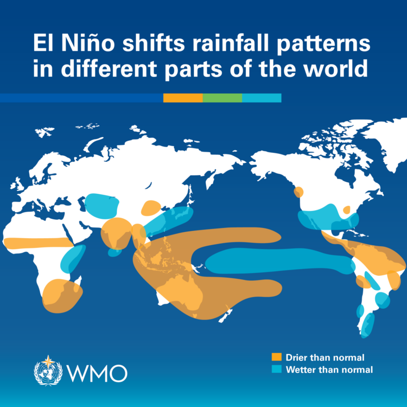 Map of globe with orange and blue showing drier and wetter areas during El Nino.