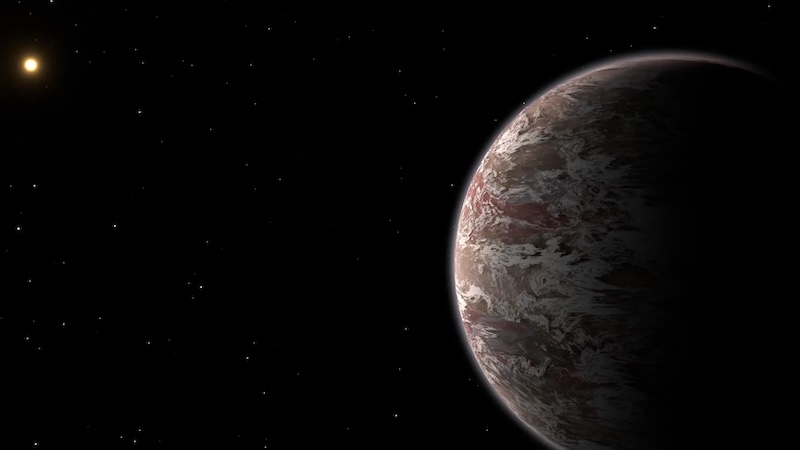 Jupiter-like exoplanet: Brownish planet with band-like swirls of white clouds and a distant sun.