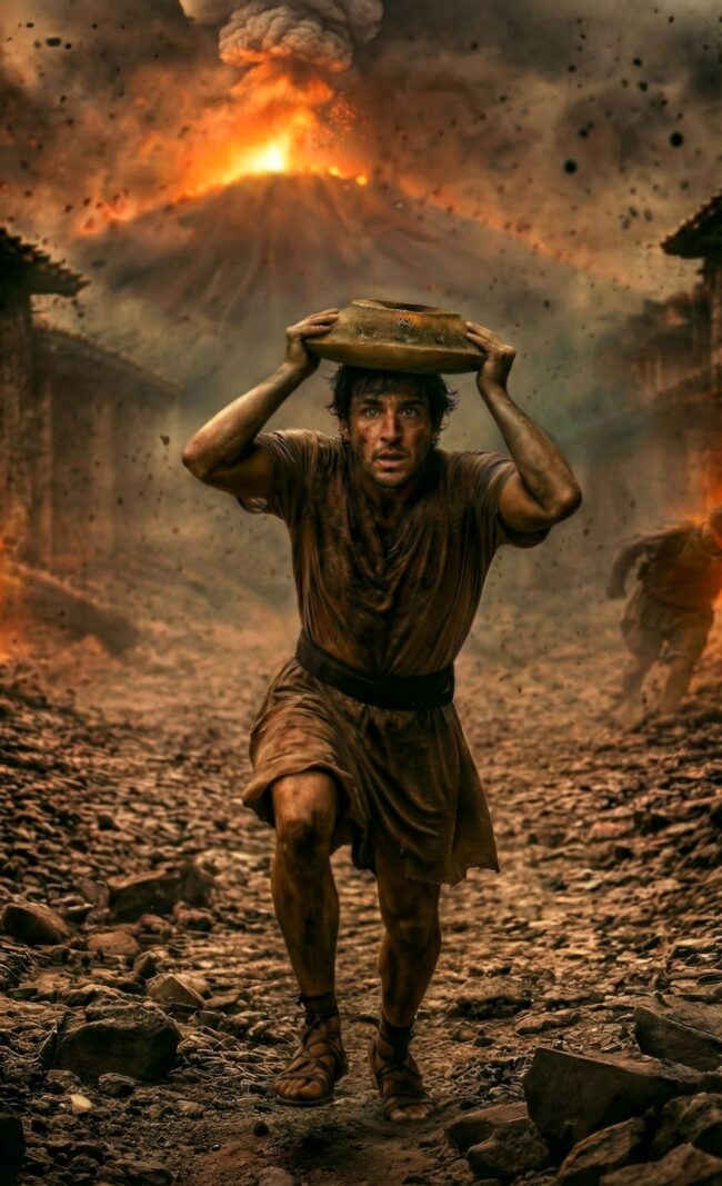 Pompeii: A man in a brown tunic, running through rubble holding a large bowl over his head, with erupting volcano behind him.
