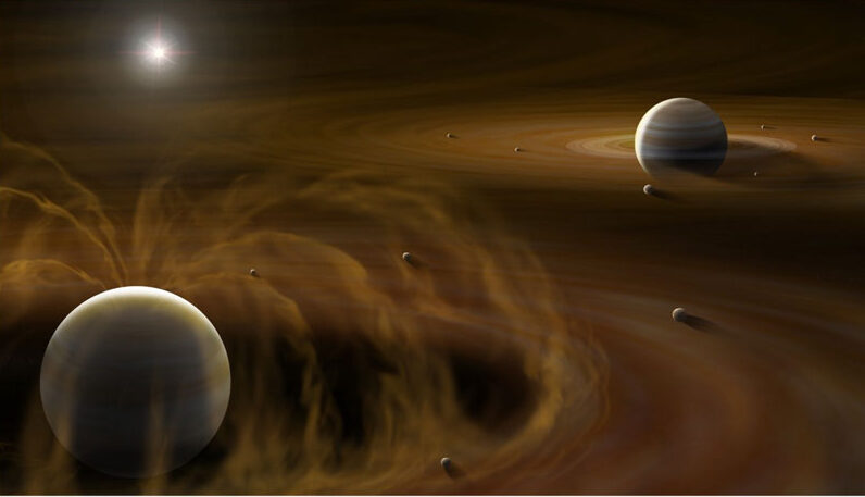 2 large planets with dusty disks around them. One has magnetic field lines arcing from pole to pole.