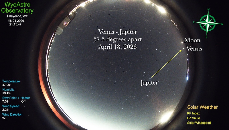 Annotated image from an allsky camera showing Jupiter and Venus 57.5 degrees apart. And a crescent moon near Venus.