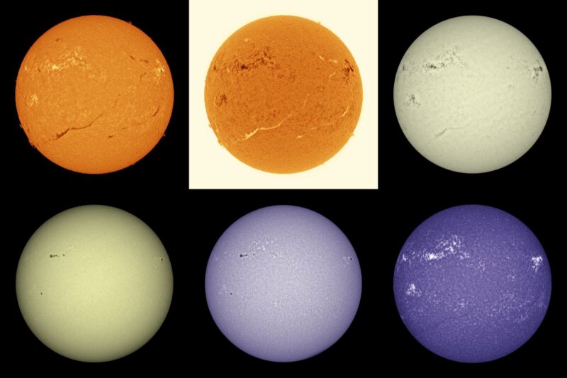 The sun, seen as six spheres in different bright colors.