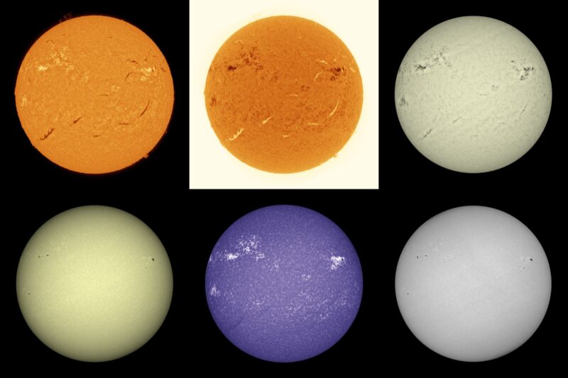 The sun, seen as six spheres in different bright colors.