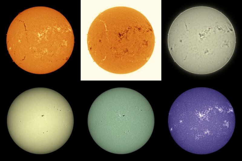 The sun, seen as six spheres in different bright colors.