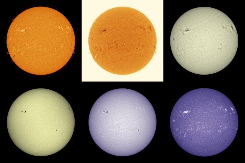 The sun, seen as six spheres in different bright colors.