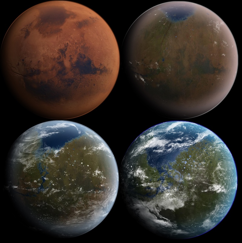 4 views of a rocky planet, changing from red and barren to earthlike, with oceans, continents and clouds.