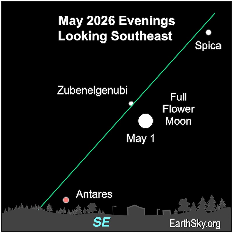 Chart showing a disk, the full moon, mid way between two widely space dots, the stars Spica and Antares. They are all above a wavy line representing the horizon.