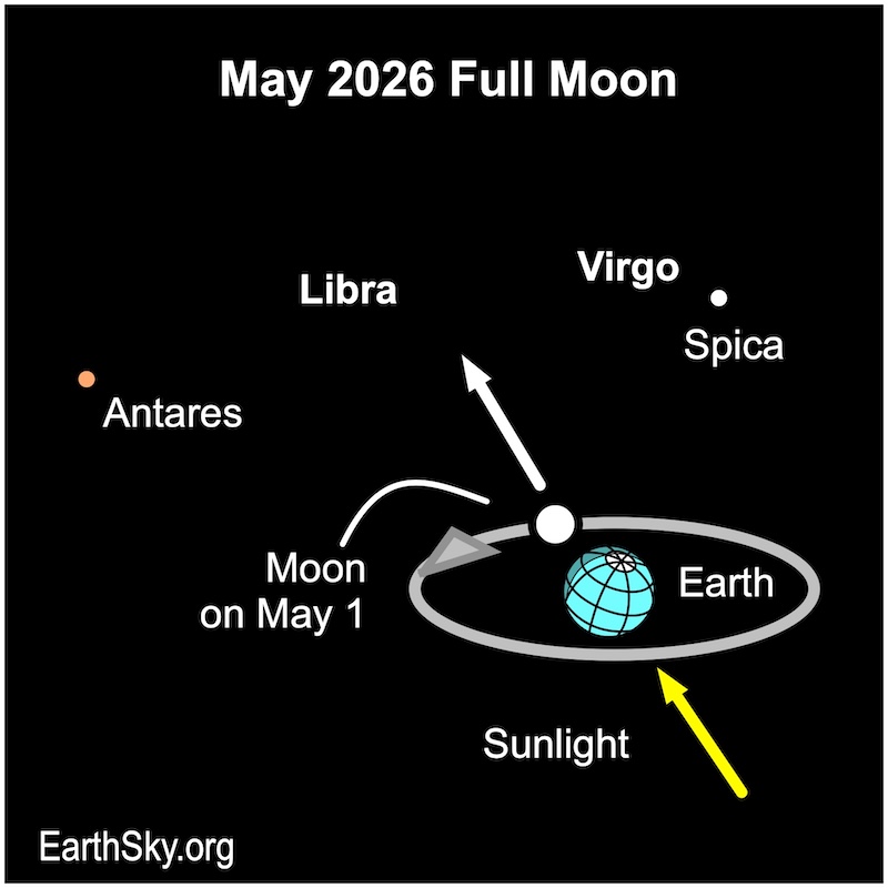 Chart showing an arrow passing a disk representing Earth then passing a smaller disk representing the moon. The arrow is directed between two dots, representing two stars, Spica, and Antares.