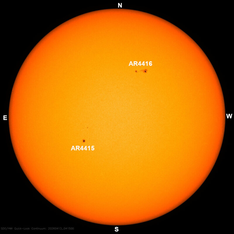 The sun, seen as a large yellow sphere with dark spots, each labeled.