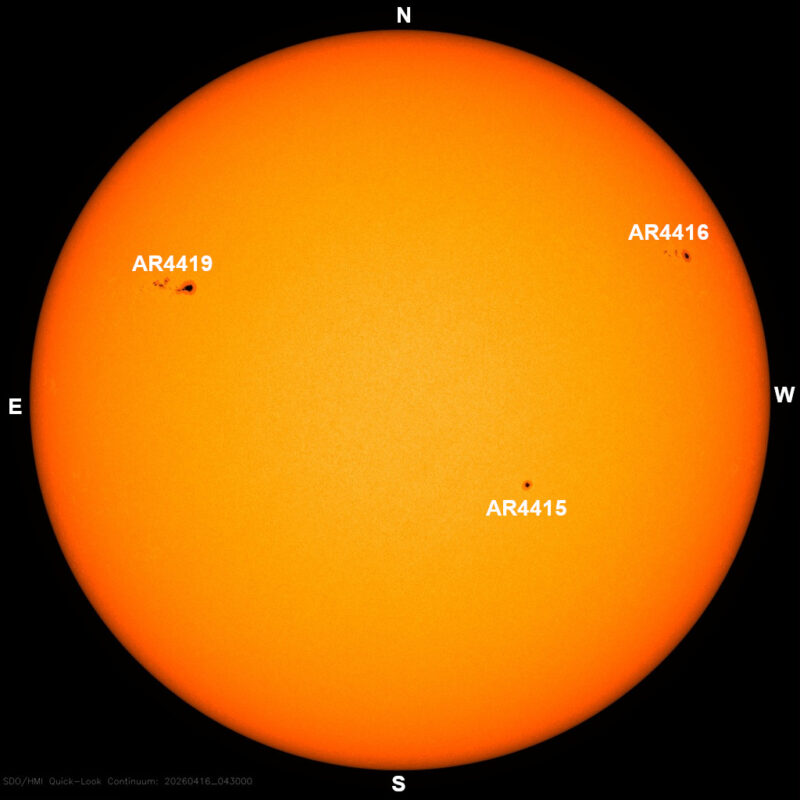 The sun, seen as a large yellow sphere with dark spots, each labeled.