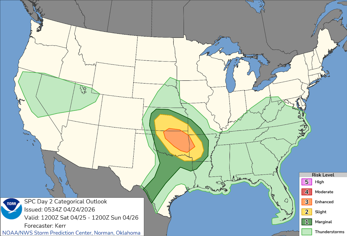 Map of the US with a orange circular area on parts of Kansas and Oklahoma, South covered in green.