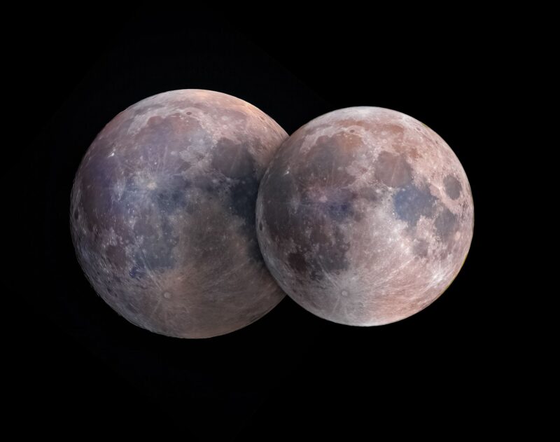 Two grayish moons side by side. The one on the left is bigger.