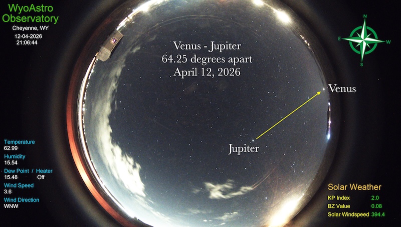 Annotated image from an allsky camera showing Jupiter and Venus 64.25 degrees apart.