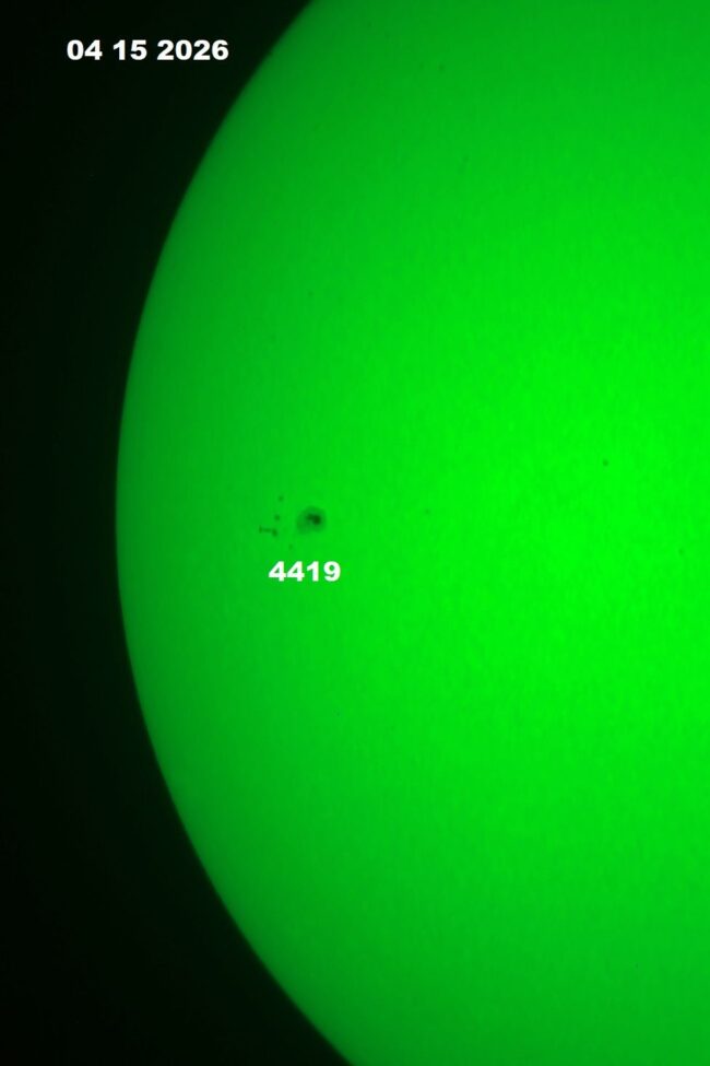 The sun, seen as a green sectional sphere with dark spots, each labeled.