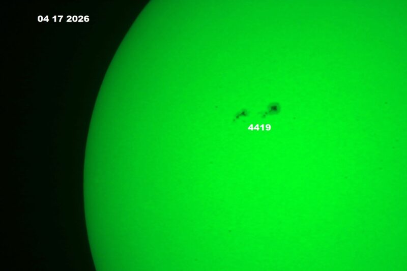 The sun, seen as a green sectional sphere with dark spots, each labeled.