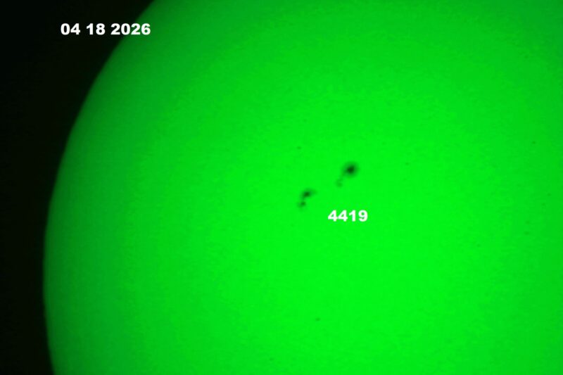 The sun, seen as a green sectional sphere with dark spots, each labeled.