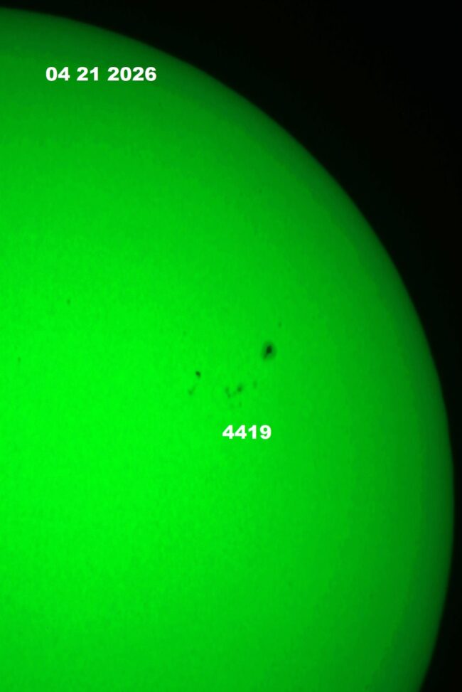 The sun, seen as a green sectional sphere with dark spots, each labeled.
