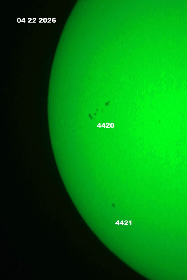 The sun, seen as a green sectional sphere with dark spots, each labeled.