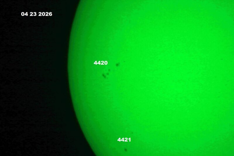 The sun, seen as a green sectional sphere with dark spots, each labeled.