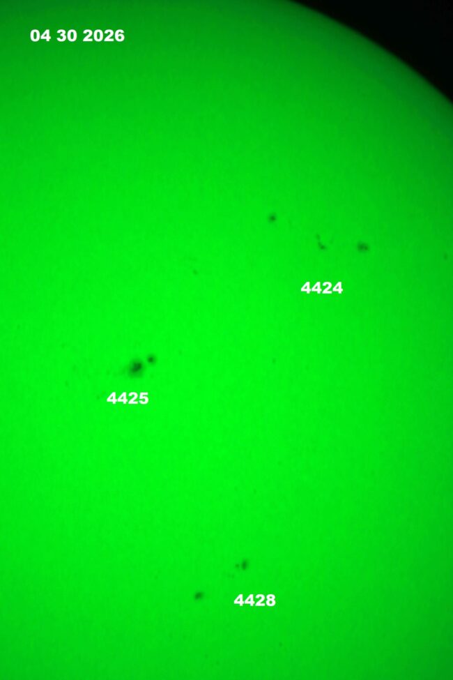 The sun, seen as a green sectional sphere with dark spots, each labeled.
