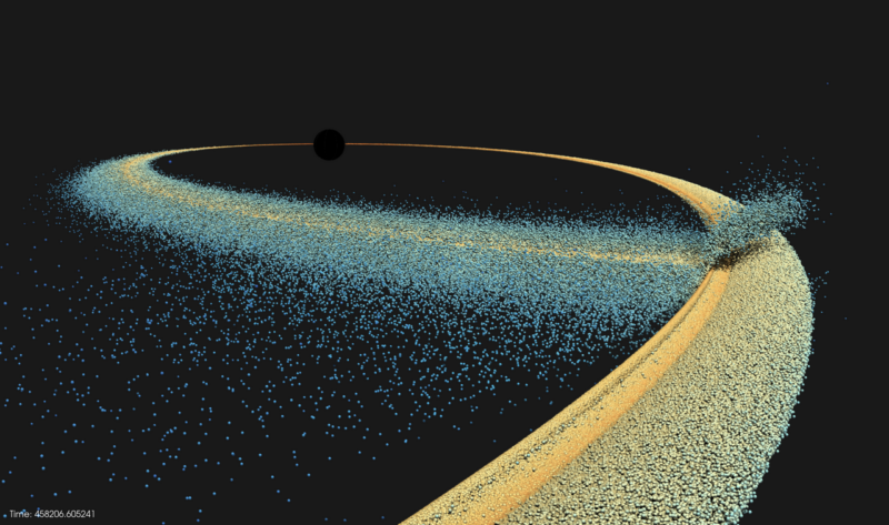 A large loop of gold and blue dots around a black object, an end of the loop crashing into its long tail.