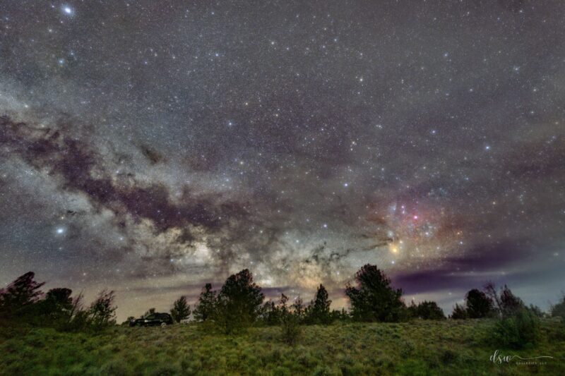 Turbulent, glowing band with dark streaks in it across the sky low along the horizon; trees in the foreground.