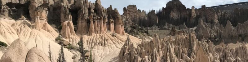 Needle-like formation of rock in light and dark colors.