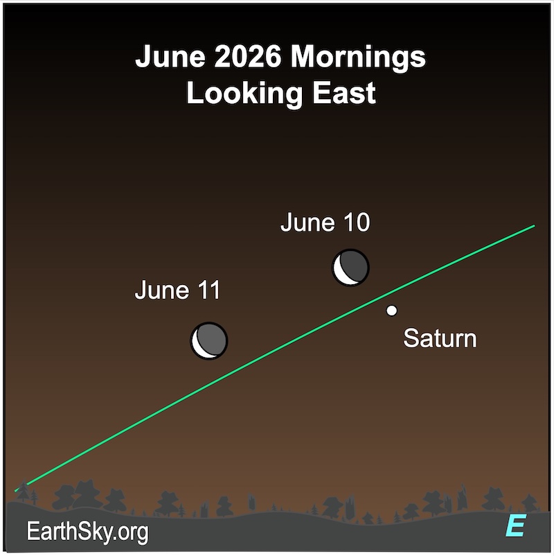 A crescent shape, the moon, lies above a dot, Saturn. The following morning,the crescent shape has moved left of the dot. They are all above a wavy line, the horizon.