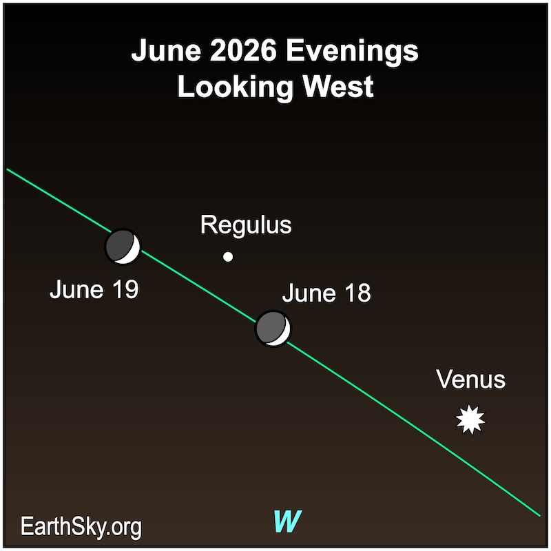 A crescent shape, the moon, passes a dot, the star Regulus, on June 18 and 19. A starred dot, Venus, is to their lower right.