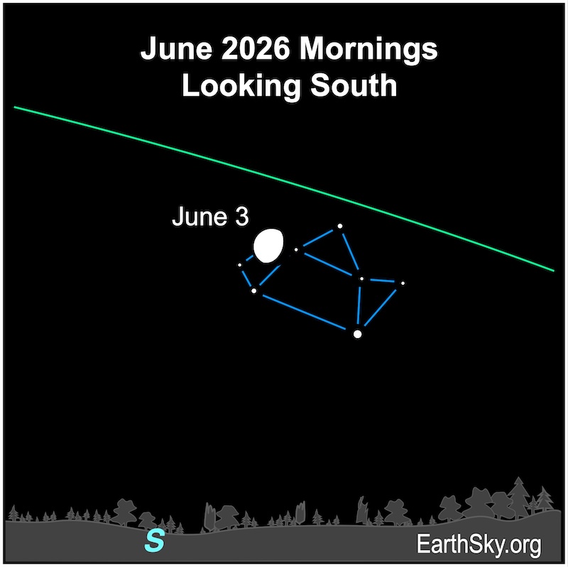 A fat hemisphere, the moon, lies near eight dots, representing the stars of the Teapot asterism. They are above the wavy line of the horizon.
