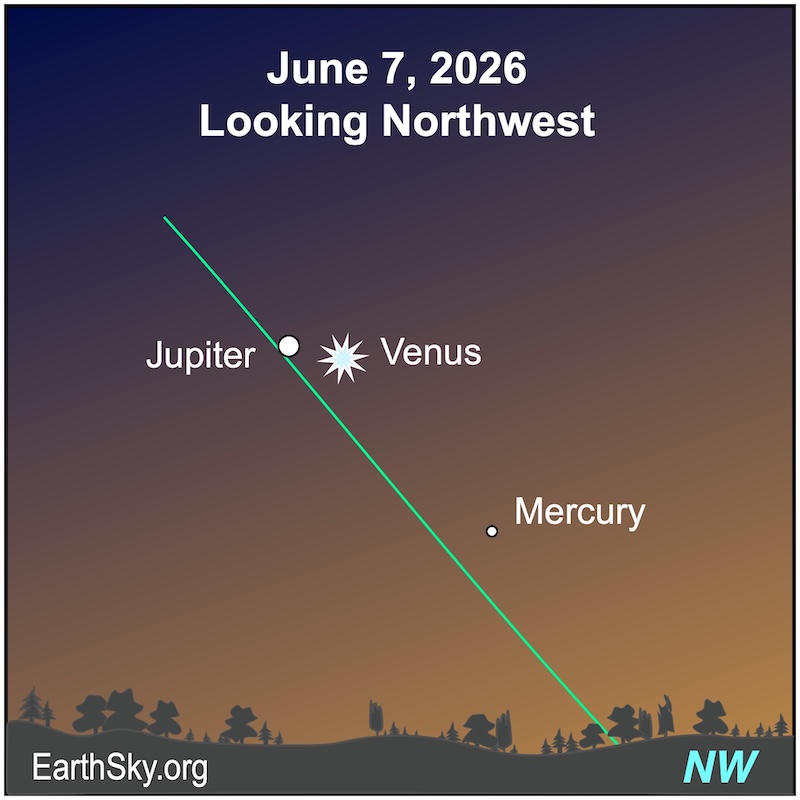 Shortly after sunset, brilliant Venus lies next to bright Jupiter, while Mercury is much closer to the horizon on the evening of June 7.