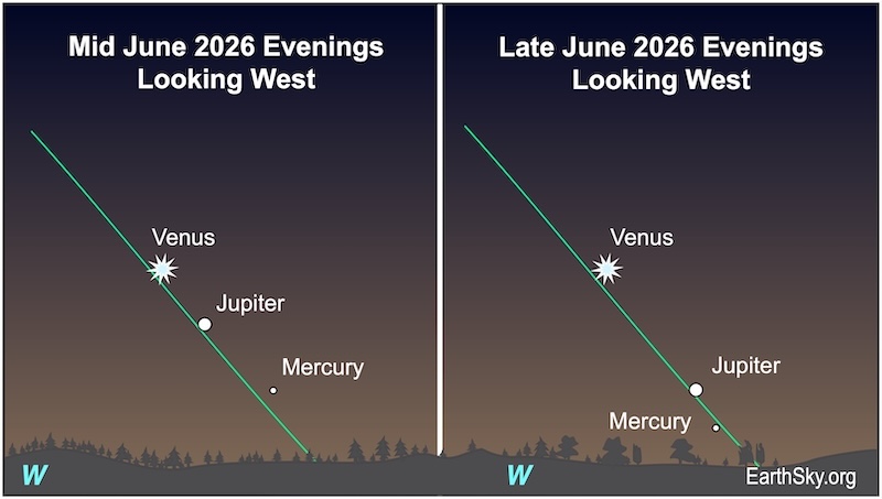 Two charts. In the first, a starred dot, Venus, is above a dot, Jupiter. Below the dot is a small dot, Mercury. They are all above a wavy line, the horizon. On the second chart, the starred dot, Venus, and the dot, Jupiter, move apart. The small dot, Mercury, drops much closer to a wavy line, the horizon.