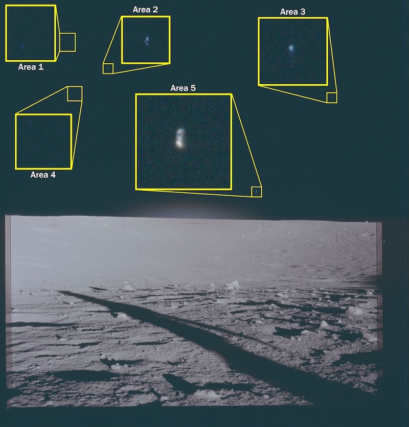 Above the lunar landscape, 5 tiny dots in the black sky, each with an enlarged inset next to it.
