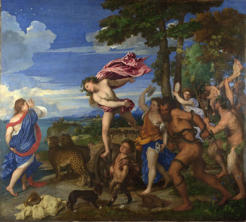 High Renaissance style painting of multiple semiclad figures including Dionysus and Ariadne.
